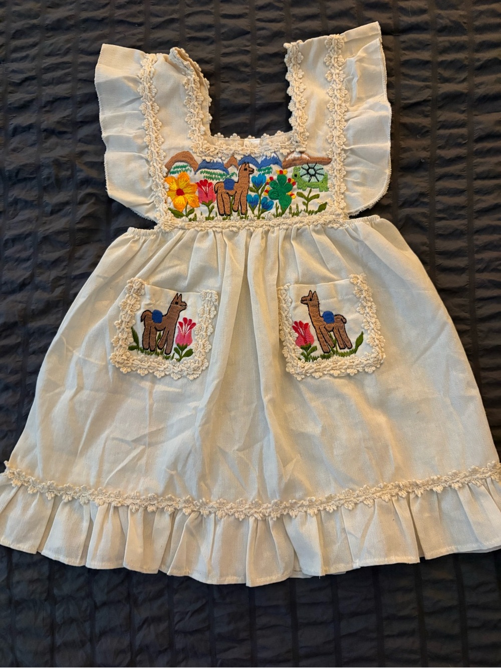Vintage White Embroidered Kids Dress with Colorful Llama Panels